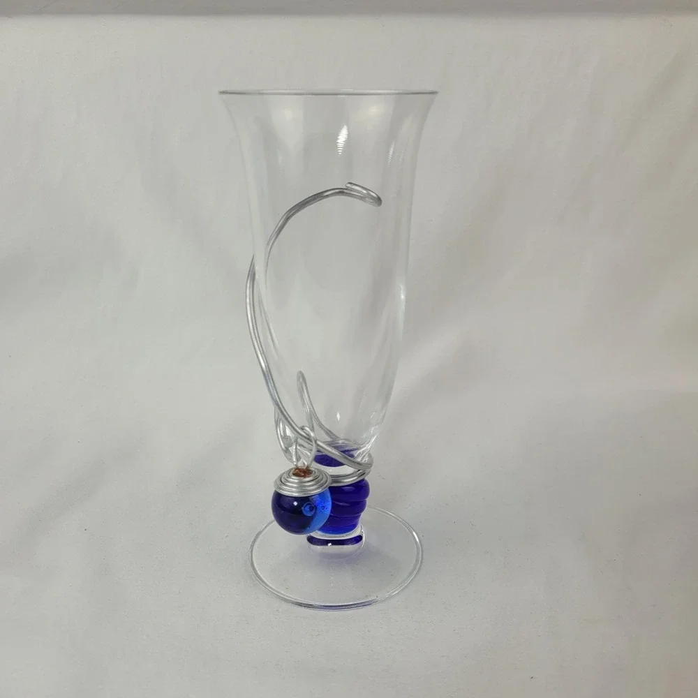 Art Glass Vase Cobalt Blue Twisted Stem Silver Wire Wrap Spiral